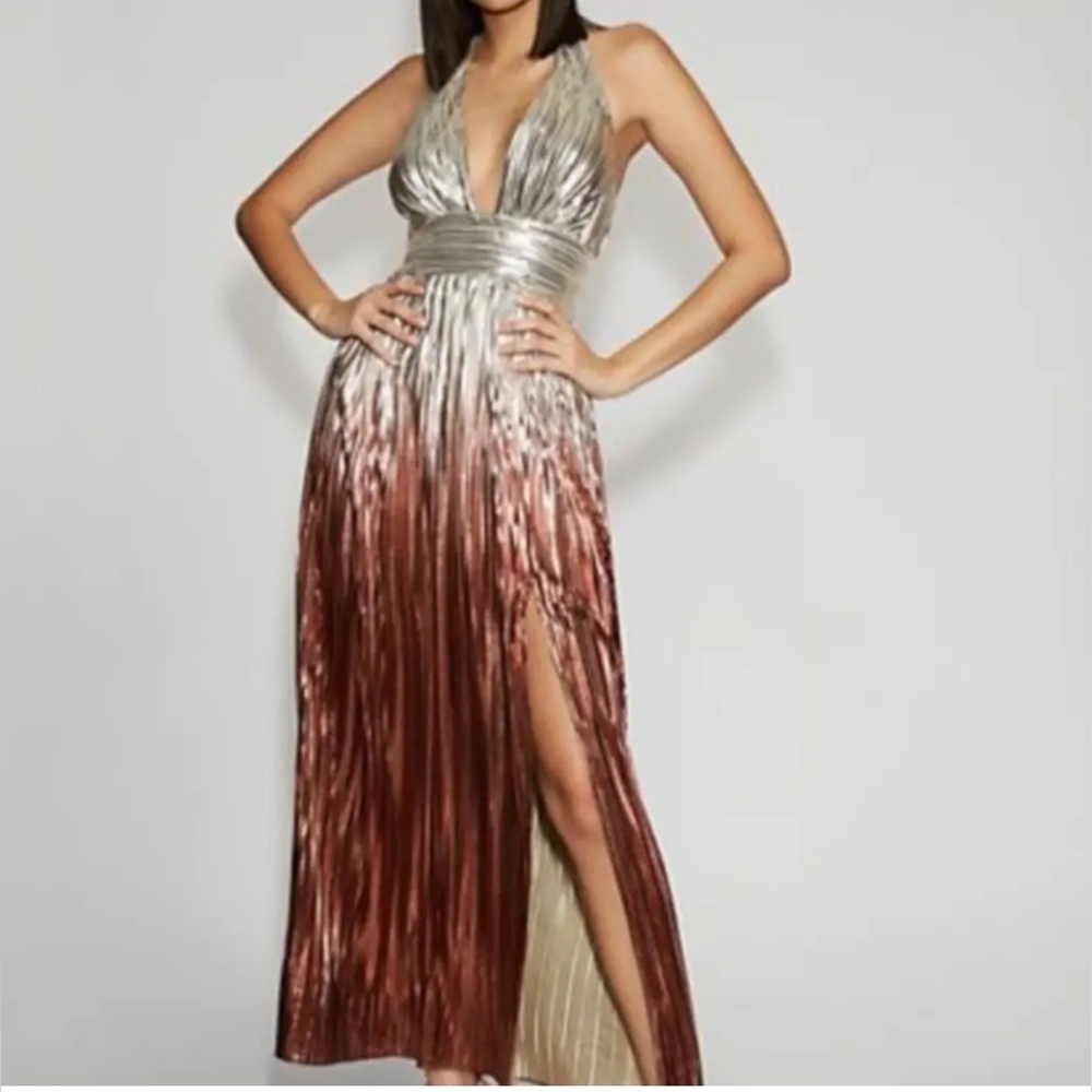 Gabrielle Union Ombré Metallic Pleated Maxi Dress